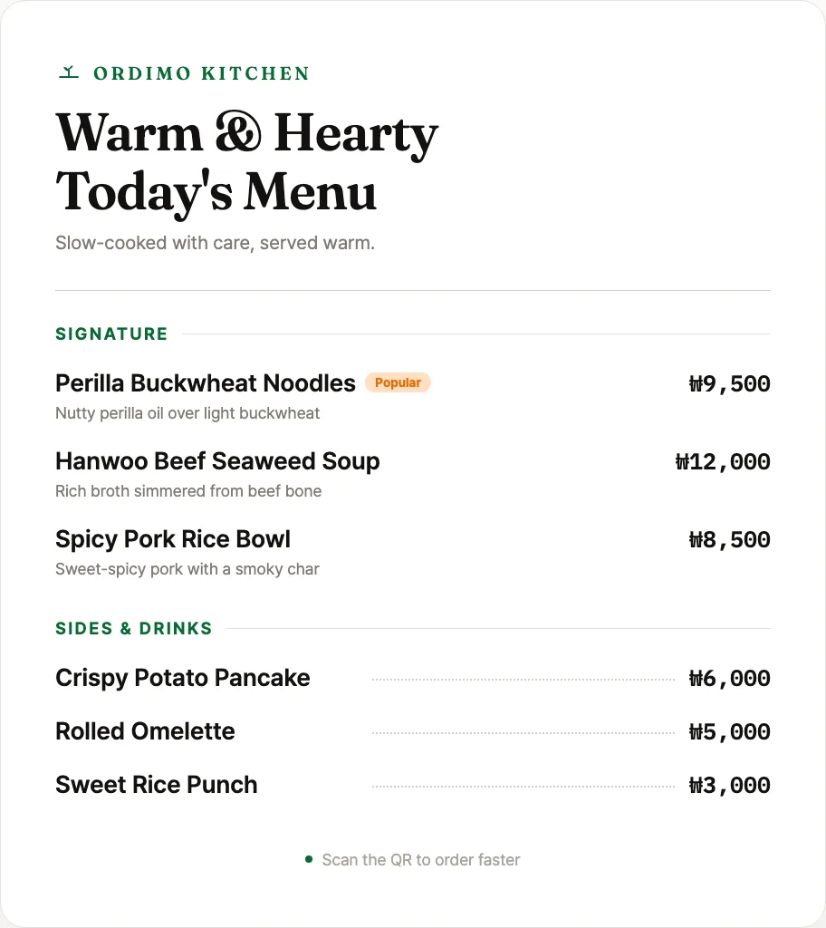 A neatly designed menu listing dishes and prices